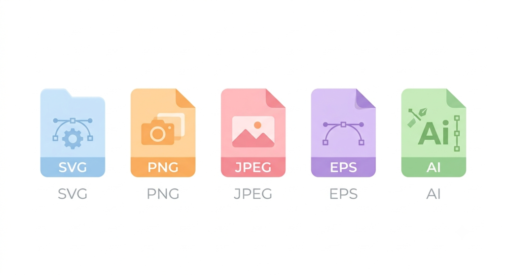 Icon comparison of SVG, PNG, JPEG, EPS, and AI file formats