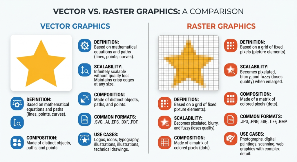 Illustration showing the difference between vector and raster image formats